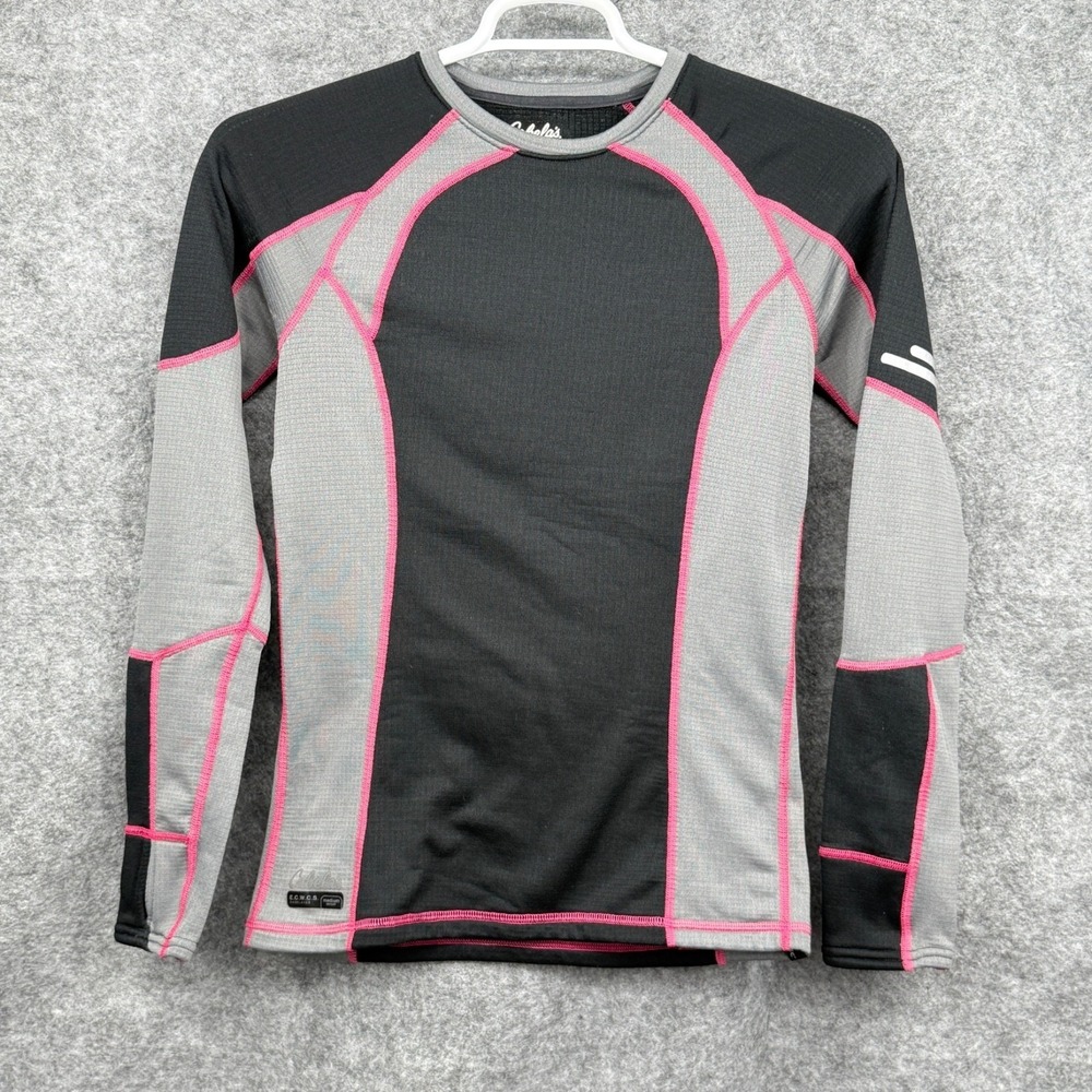 Cabelas Womens Baselayer Shirt Medium Weight Size Small Gray Black Pink Stitch